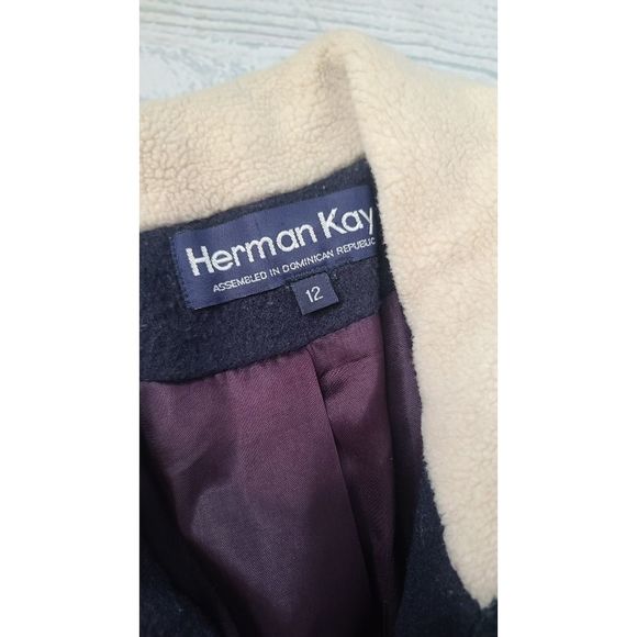 Herman Kay 12 Wool Coat Button Down Color Block Sherpa Lined Jacket - Picture 8 of 8